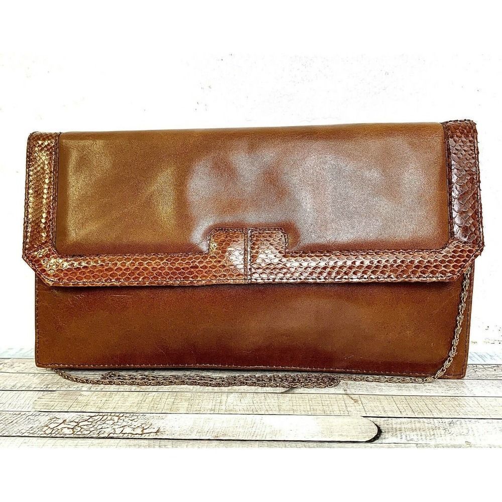 VTG VARON HUNGARY BROWN GENUINE LEATHER CHAIN STRAP CLUTCH ENVELOPE SHOULDER BAG